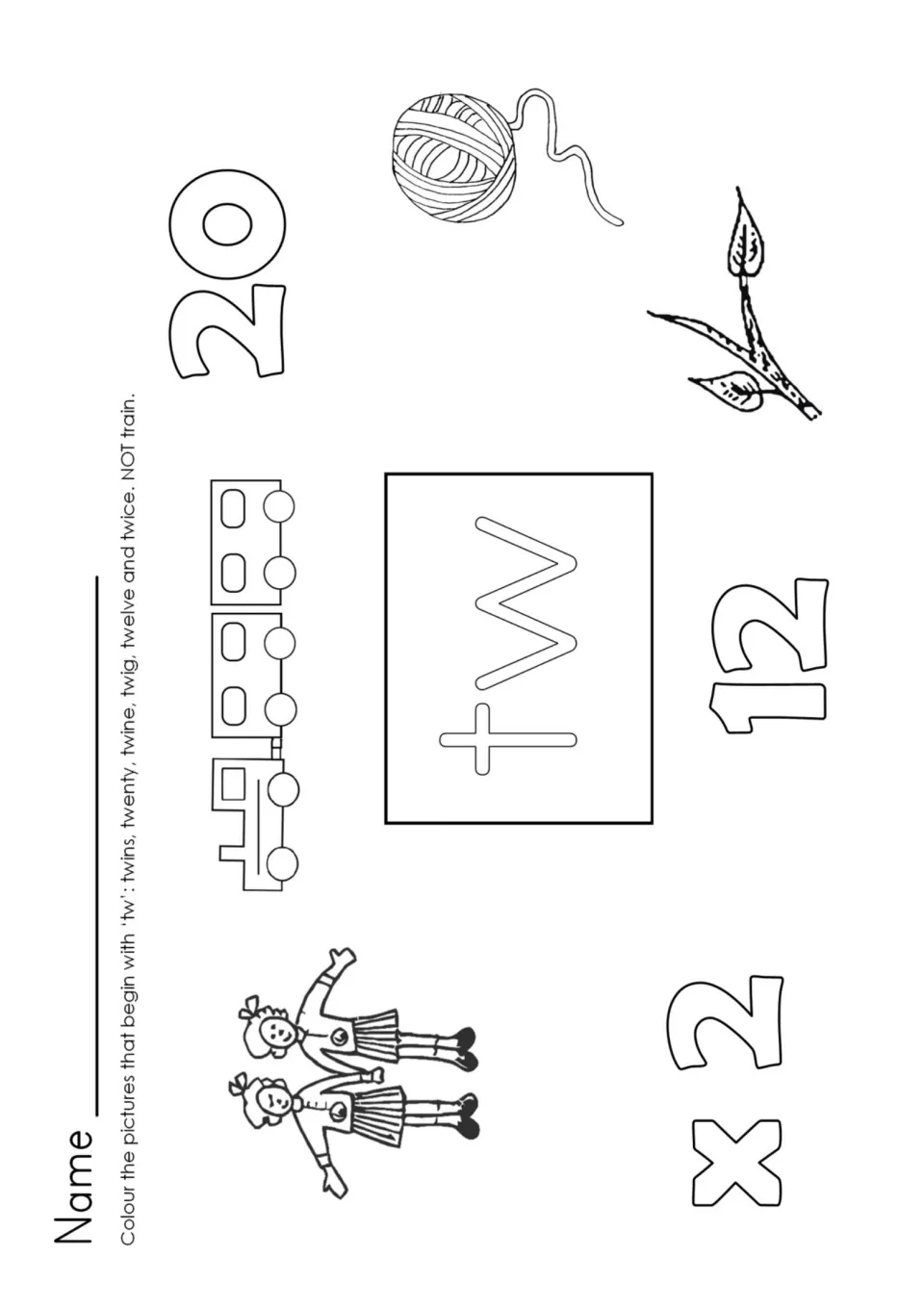 Tw blend sort: students colour the pictures that begin with tw (twins, 20, twine, twig, 12, x2) and skip the train
