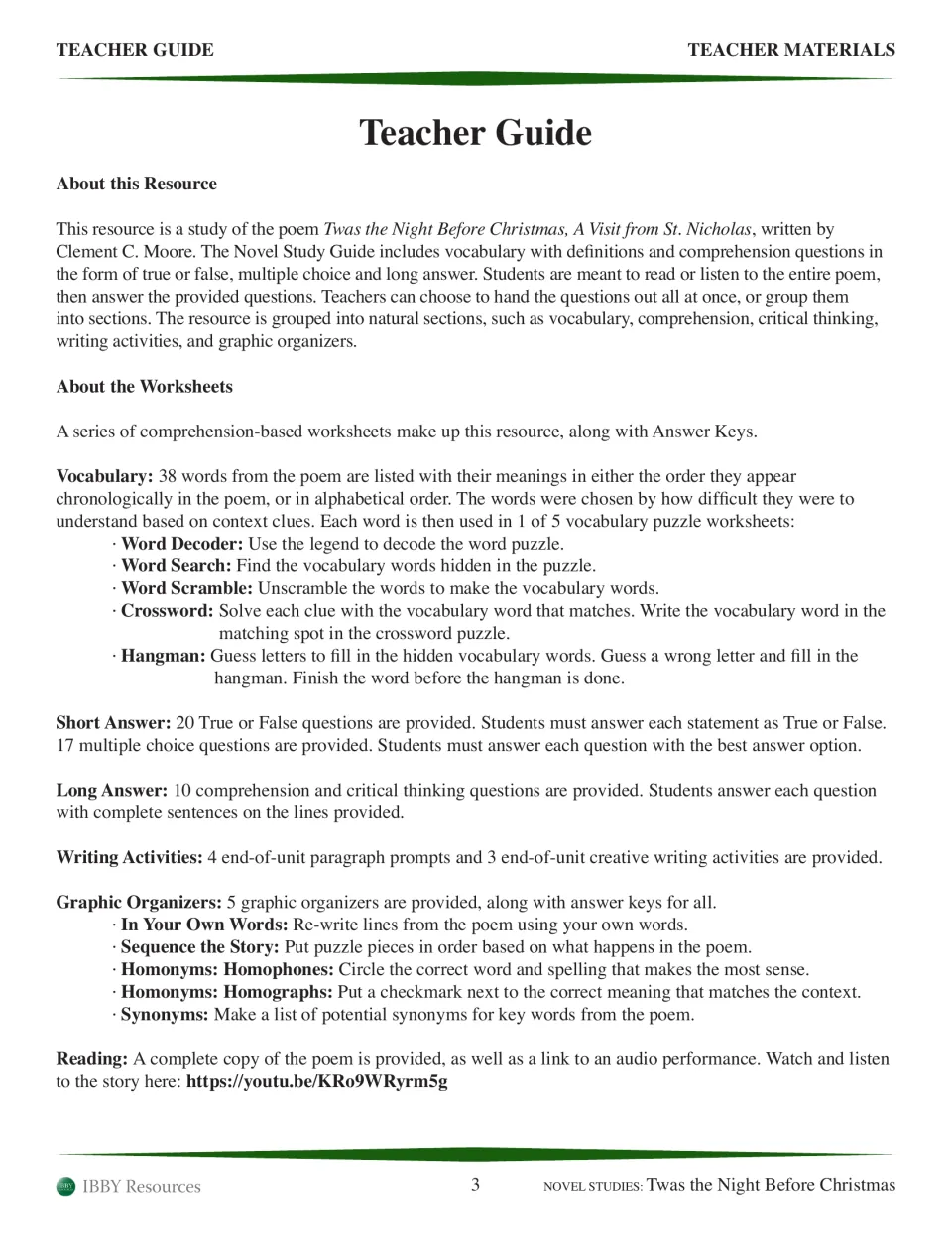 Teacher guide to each section: 38 vocabulary words, 5 word puzzles, short and long answer, writing and organizers