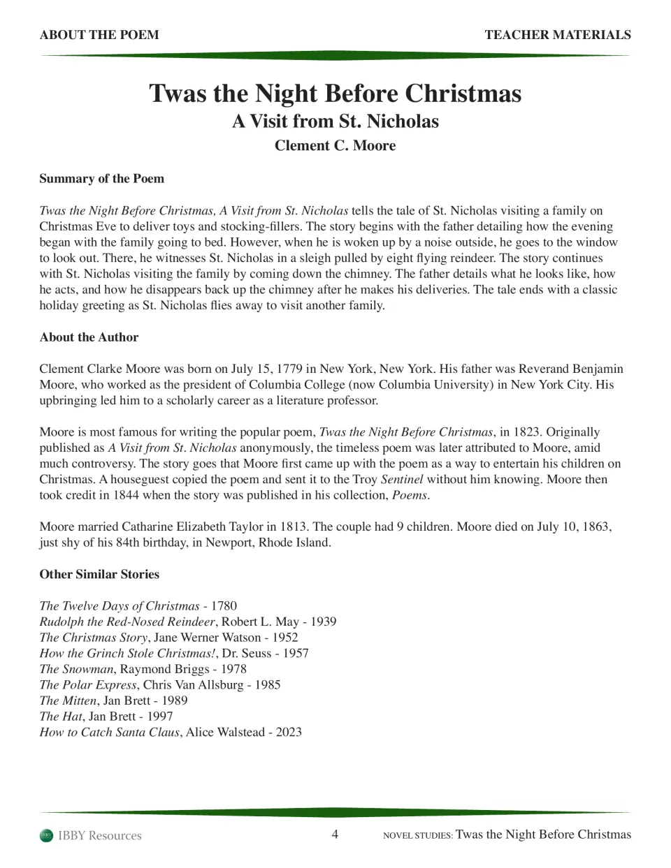 Poem background: summary of St. Nicholas visiting on Christmas Eve, Moore biography and a list of similar stories