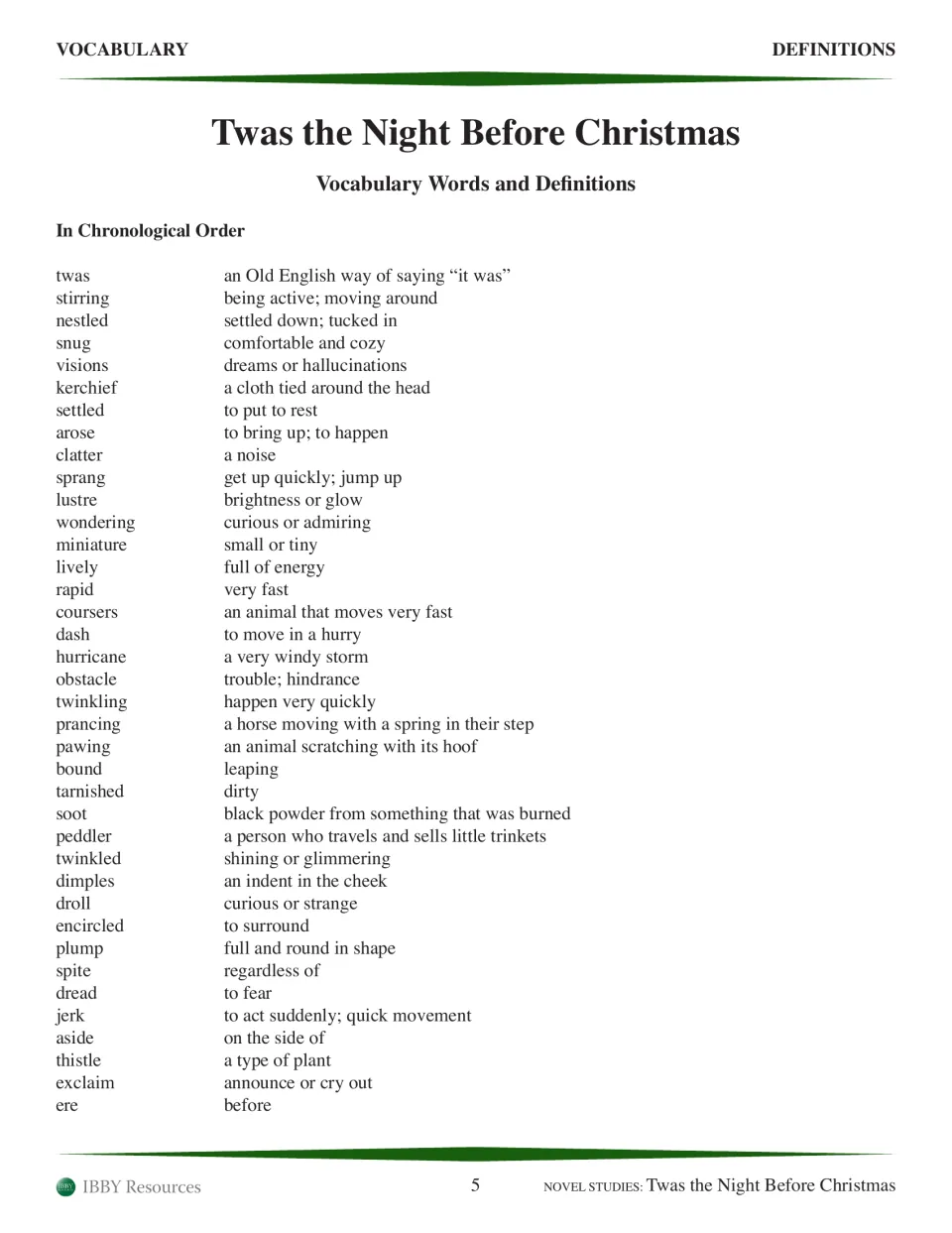 Vocabulary definitions in story order: 38 words from twas, stirring and nestled through thistle, exclaim and ere