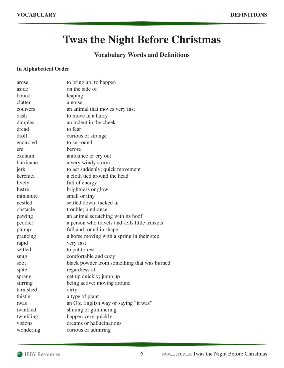 Vocabulary definitions sorted A to Z: the same 38 poem words from arose and aside to visions and wondering