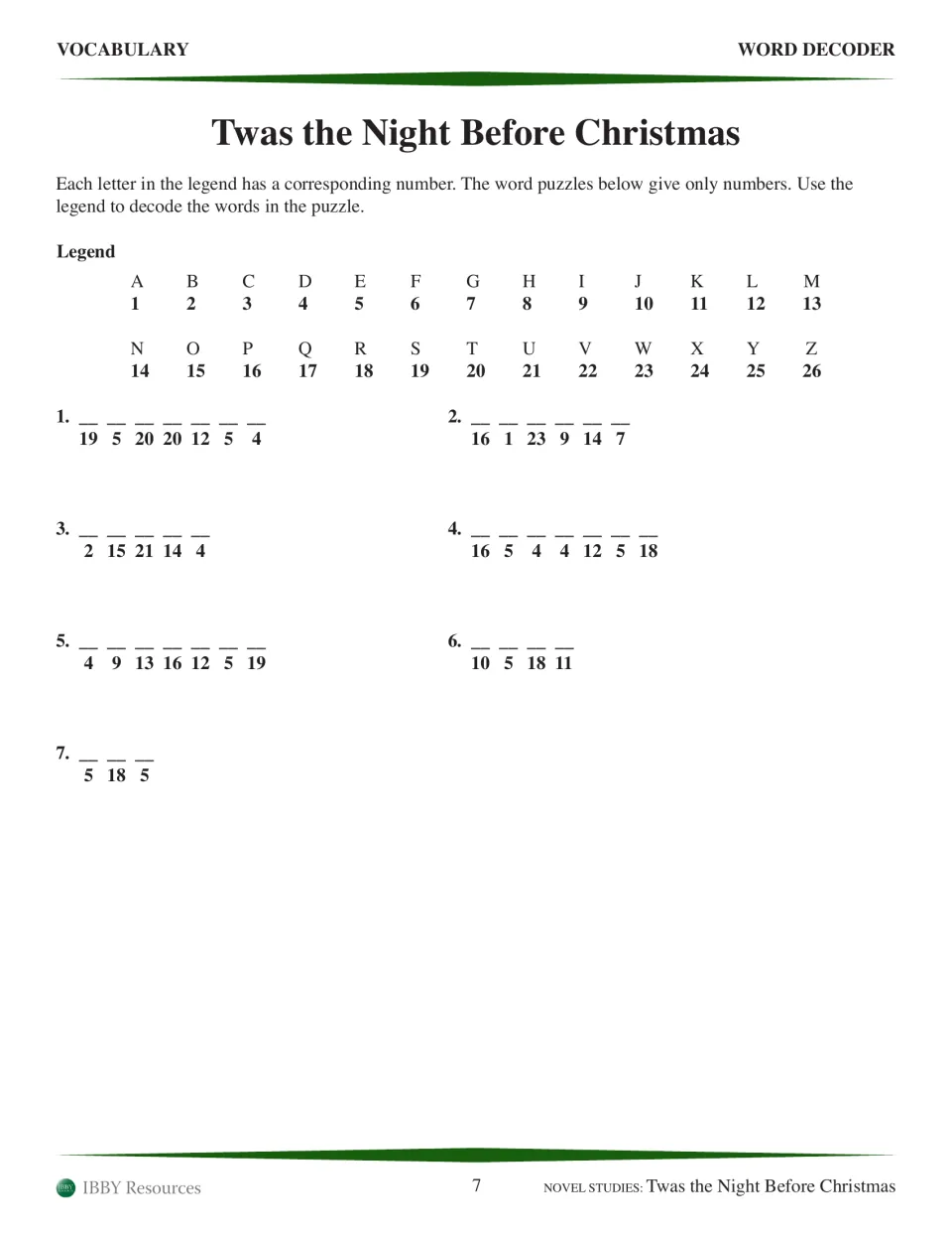 Vocabulary word decoder: students use an A=1 to Z=26 number legend to decode seven coded words from the poem