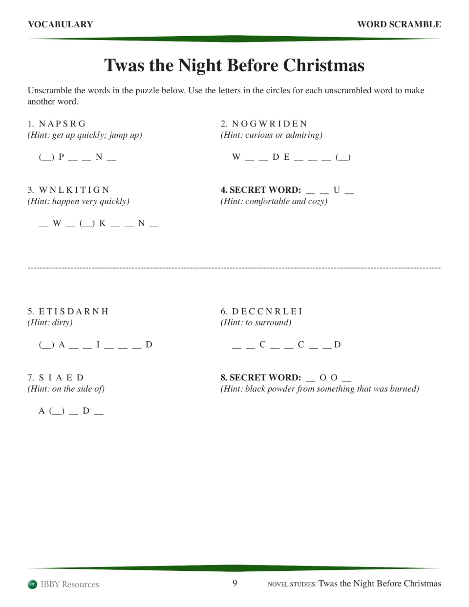 Vocabulary word scramble: students unscramble poem words using definition hints, then use circled letters for secret words