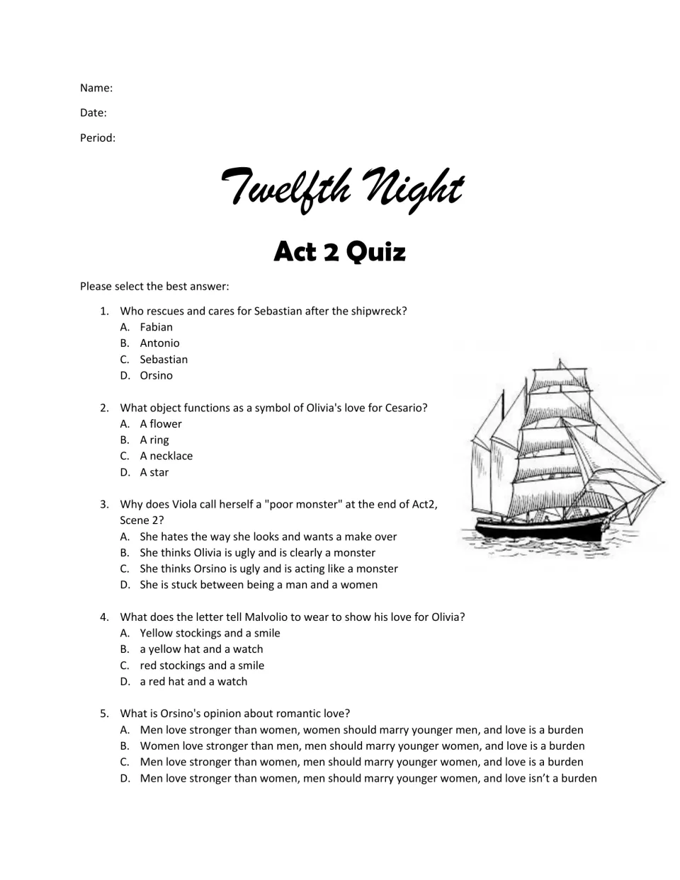 Twelfth Night Act 2 multiple choice: students answer 5 questions on Sebastian, Viola, Malvolio's letter and Orsino