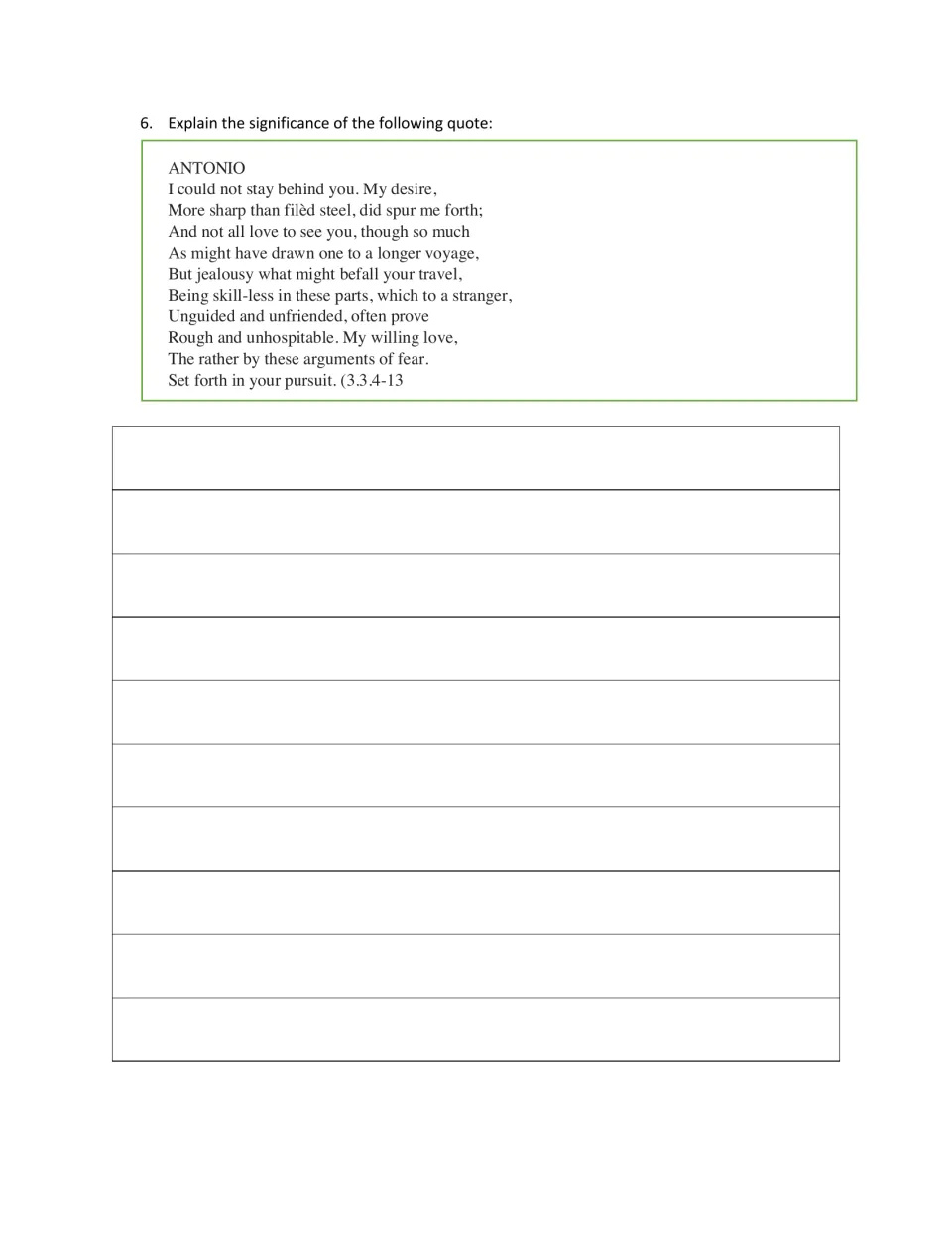 Quote analysis: students explain the significance of Antonio's speech to Sebastian about following him (3.3.4-13)