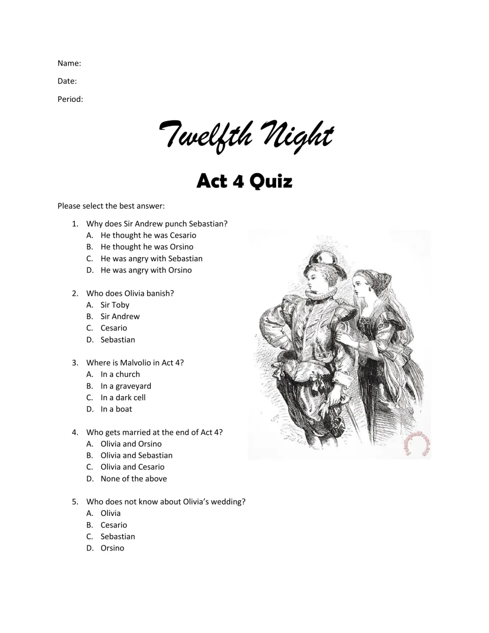Twelfth Night Act 4 multiple choice: students answer 5 questions on Sebastian, Olivia's wedding and Malvolio's cell