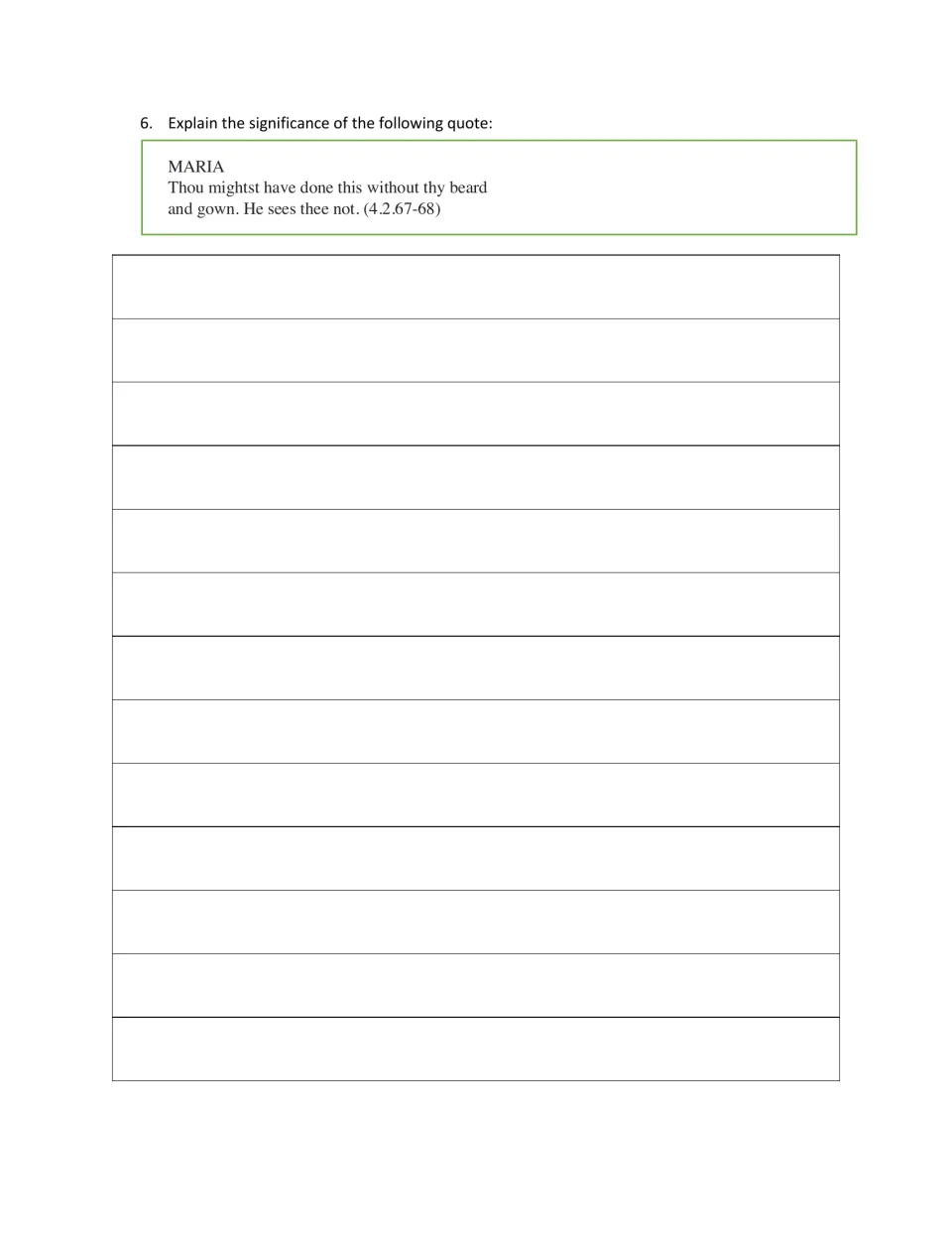 Quote analysis, question 6: students explain the significance of Maria's line about a beard and gown (4.2.67-68)