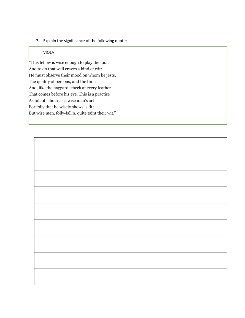 Quote analysis, question 7: students explain the significance of Viola's lines on why the fool must be wise