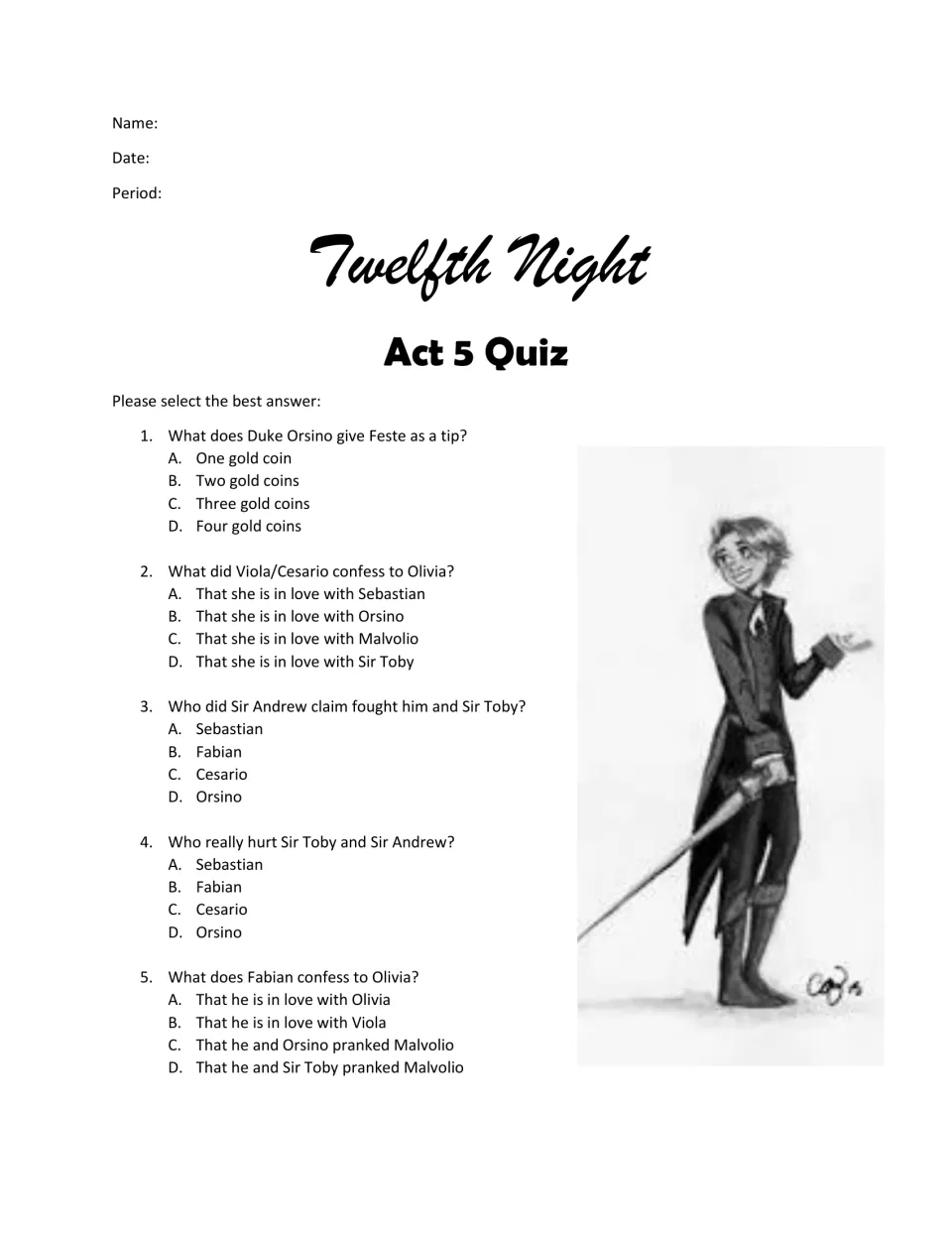 Twelfth Night Act 5 quiz: five multiple-choice questions on Feste's tip, Viola's confession, the fight and Fabian's prank