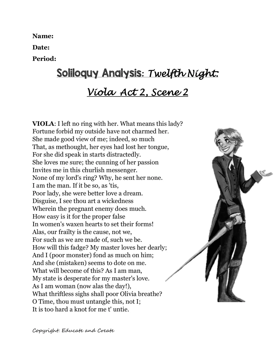 Viola's Act 2, Scene 2 soliloquy, the ring speech, printed in full for students to read, beside a drawing of Viola