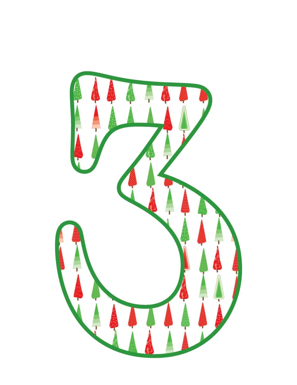 Christmas number 3 printable, one of the holiday numbers for math games, projects, and classroom decorations.