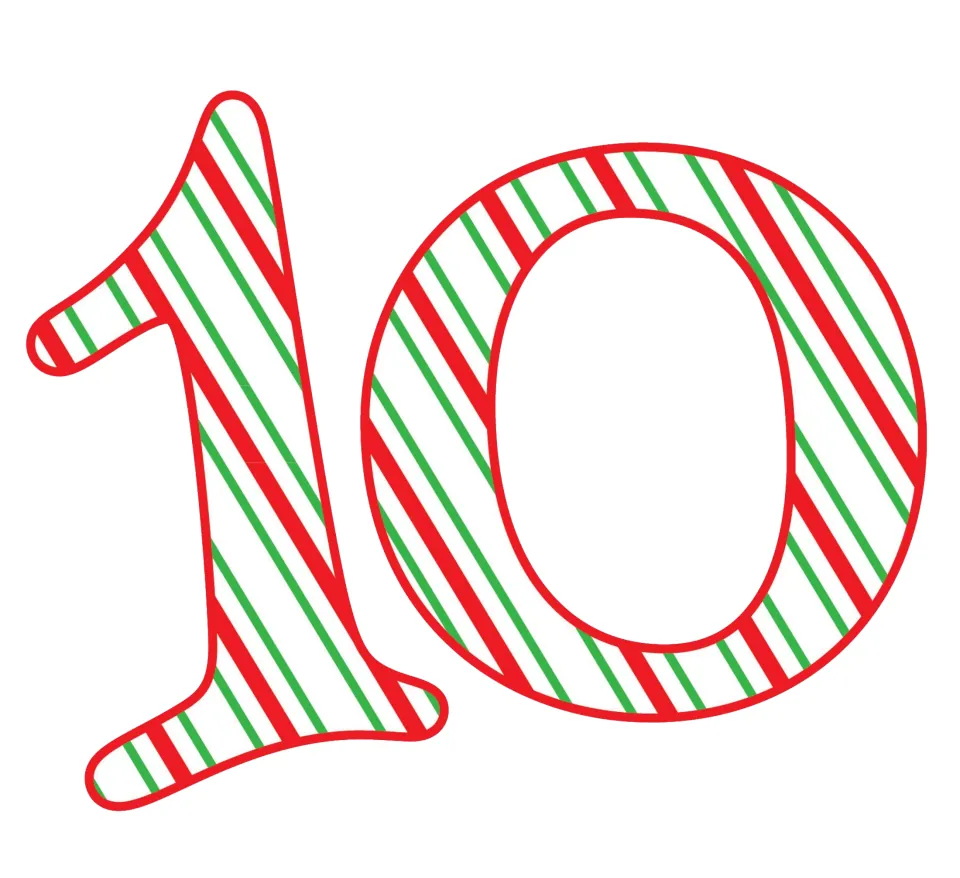 Christmas number 10 printable, one of the holiday numbers for math games, projects, and classroom decorations.