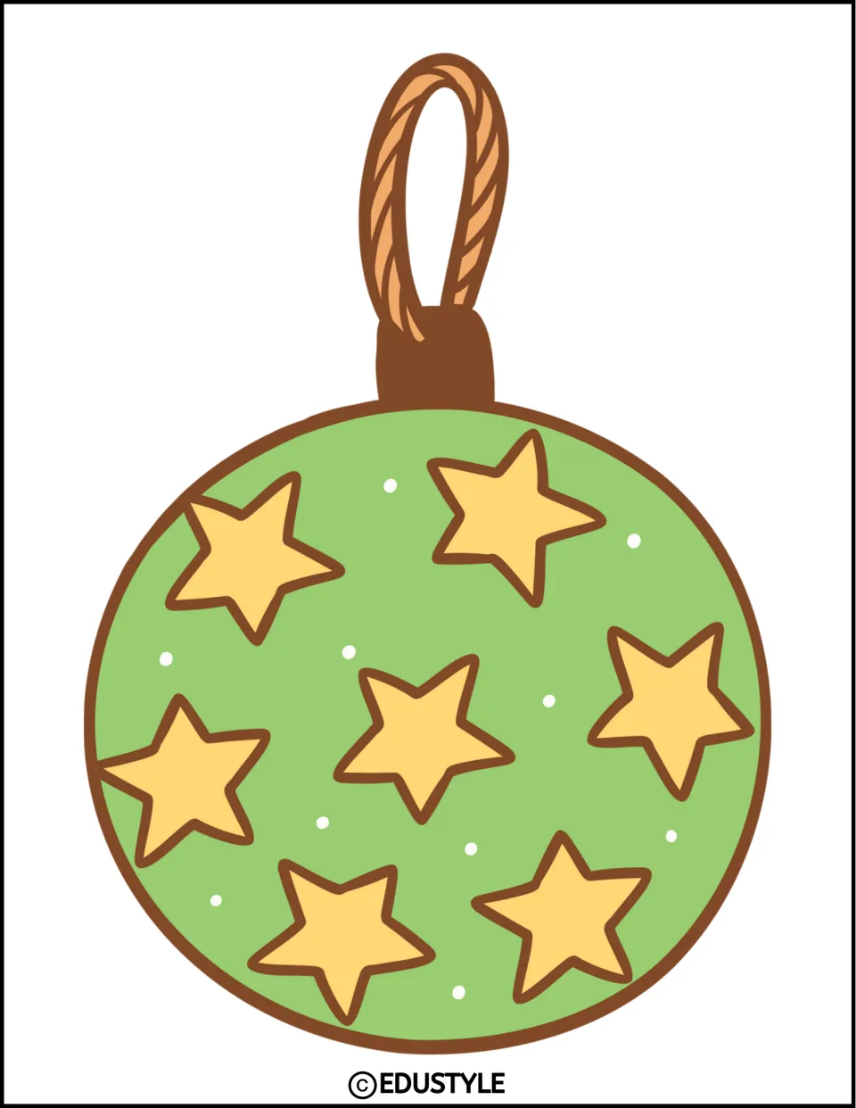Larger green ornament with yellow stars and a rope loop, a decoration for the Cowboy Christmas display