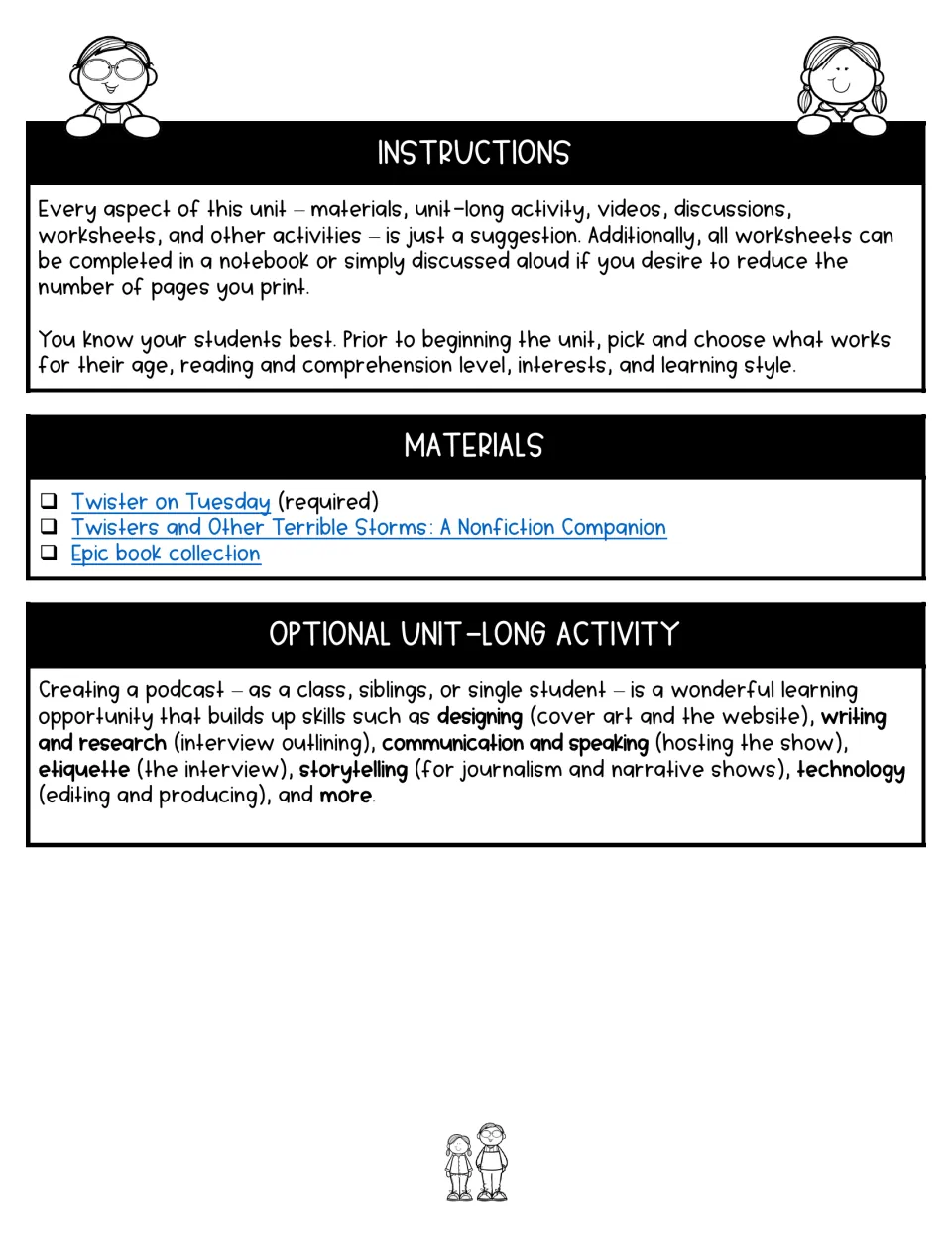 Teacher guidance for adapting the book study, required and optional reading, and an optional podcast project