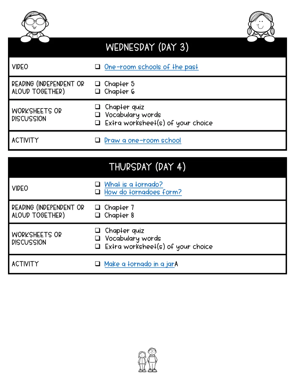Days 3–4 lesson plans cover chapters 5–8, one-room schools, tornado videos, and a tornado-in-a-jar activity