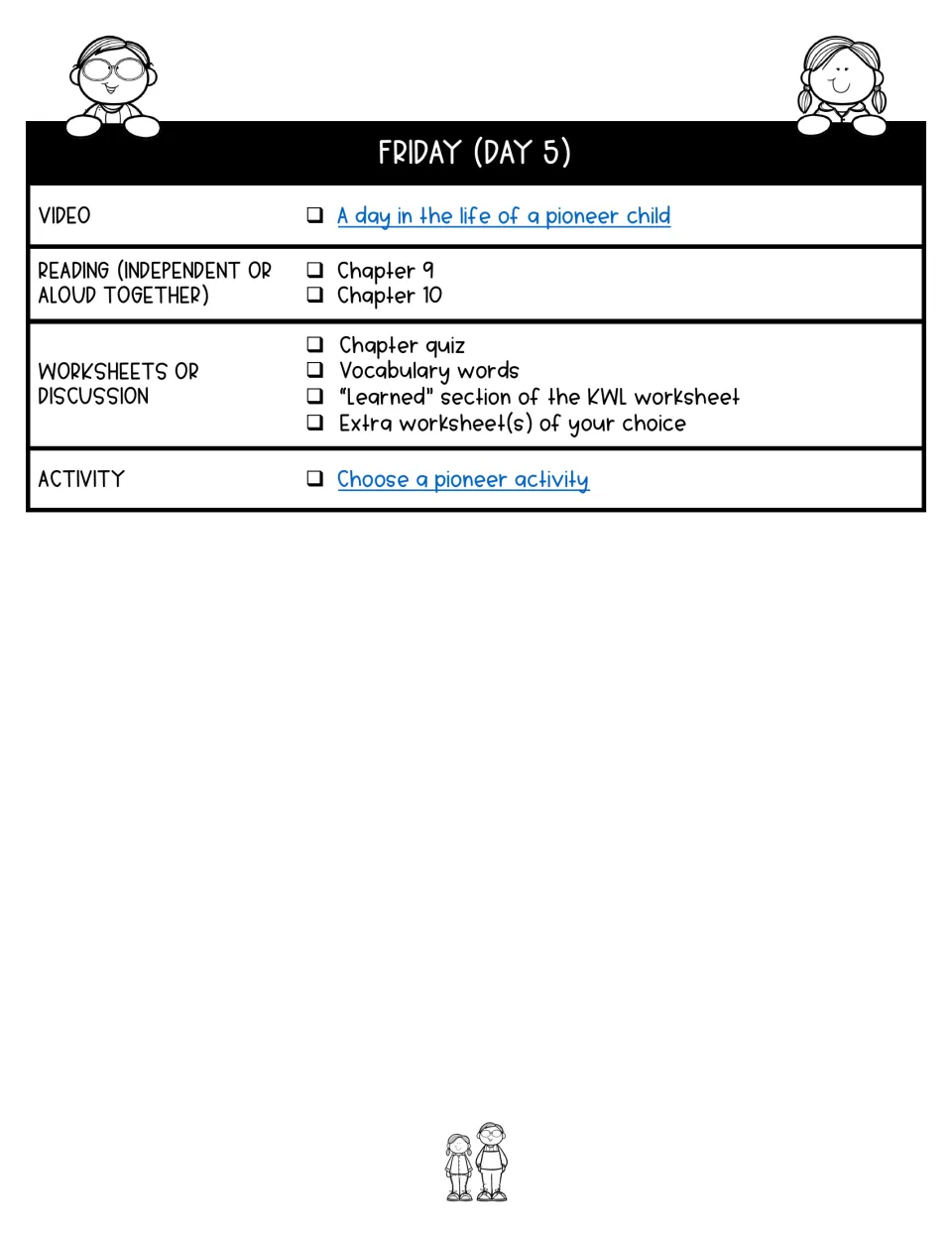 Day 5 lesson plan covers chapters 9–10, pioneer life, a chapter quiz, vocabulary, and the KWL Learned section