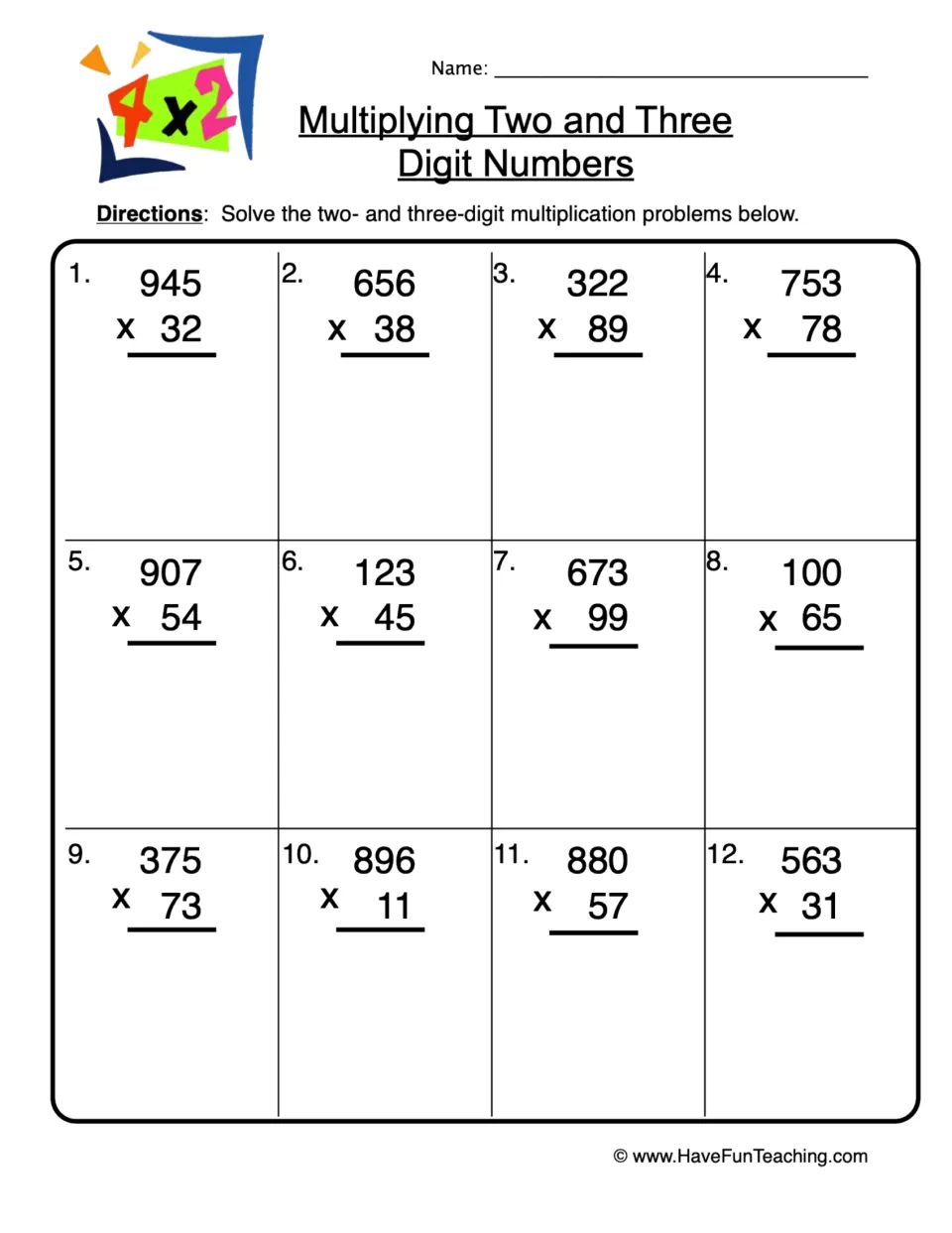 Multiplying two and three digit numbers: students solve 12 problems with 3-digit by 2-digit factors, such as 945 x 32