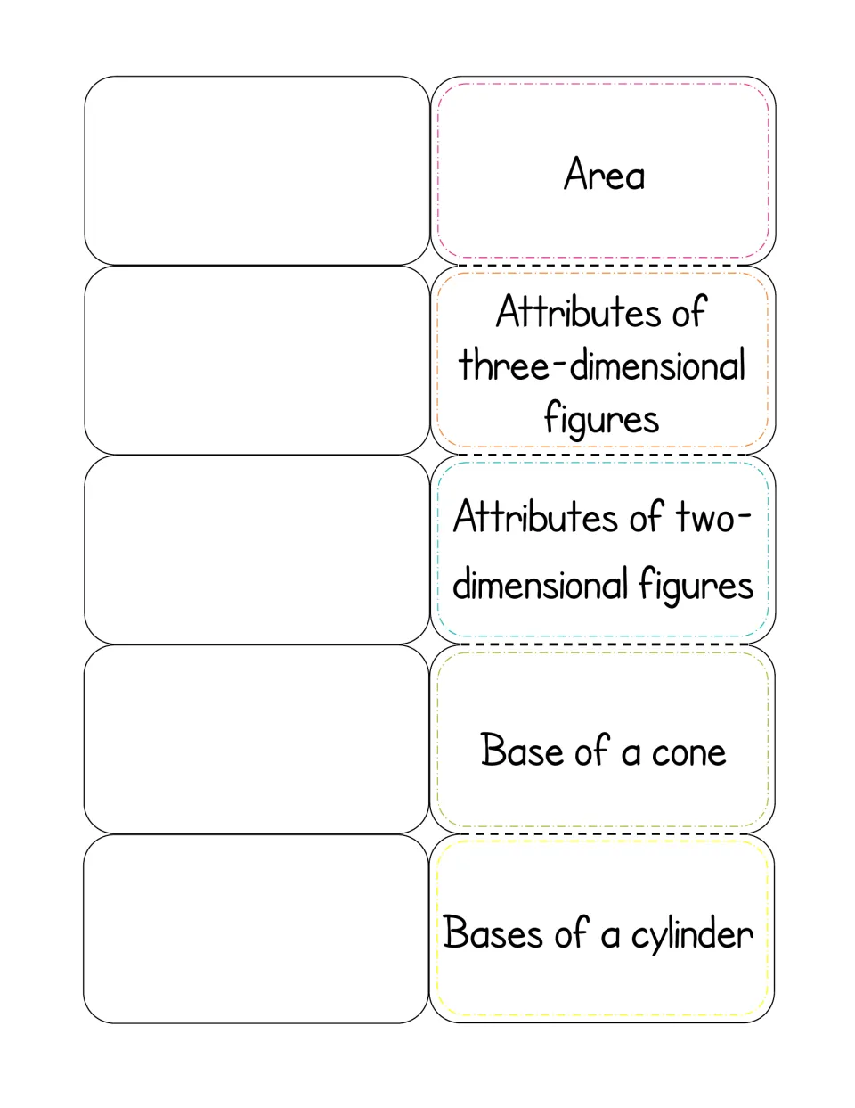 Geometry vocabulary foldable: flaps for area, attributes of 2D and 3D figures, base of a cone and bases of a cylinder