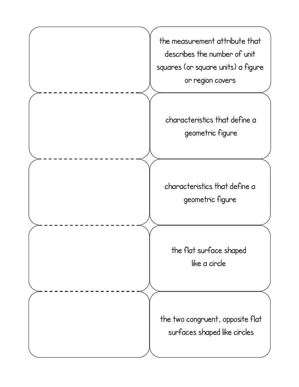 Definitions-only foldable: area as unit squares covered, attributes, a cone's circular base and a cylinder's two bases