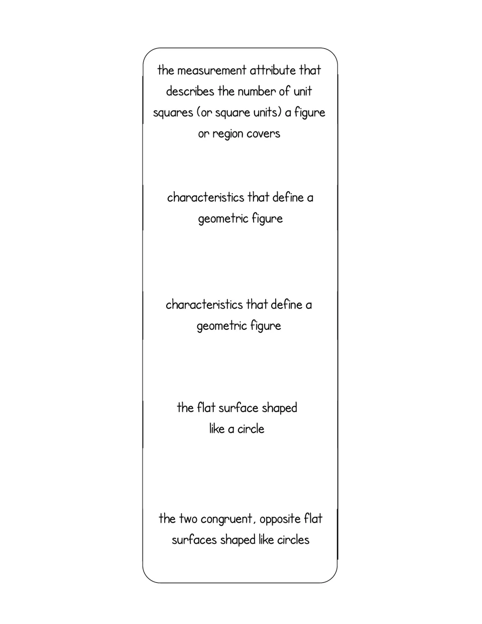 Definition strip to glue inside the words foldable: area, attributes (twice), base of a cone and bases of a cylinder