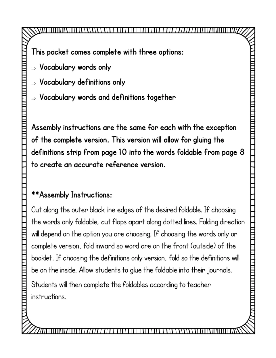 Assembly steps for set two: cut, fold and glue foldables into journals; pair the page 10 definitions strip with page 8