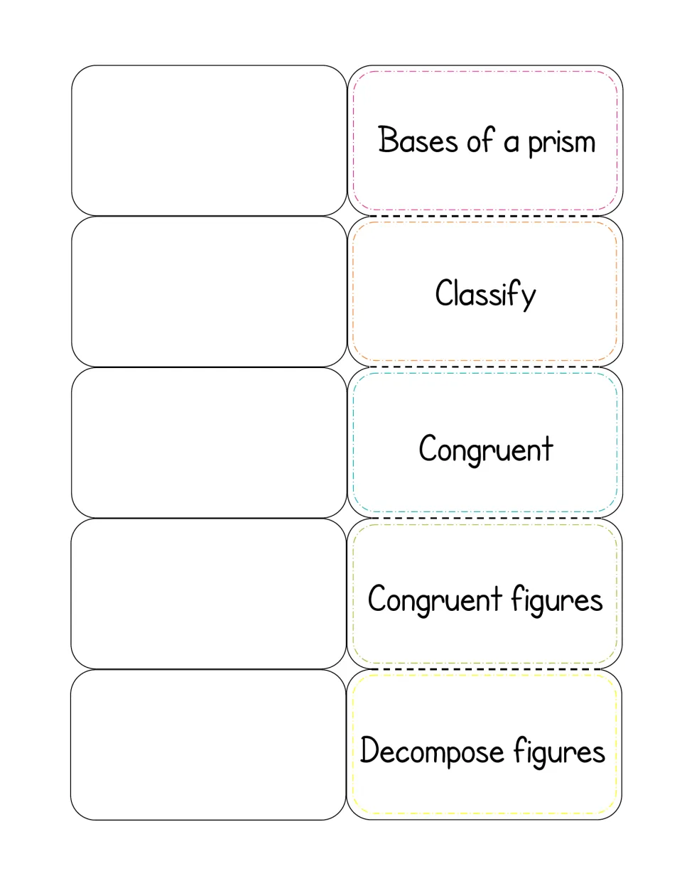 Vocabulary flaps for bases of a prism, classify, congruent, congruent figures and decompose figures, with space to write