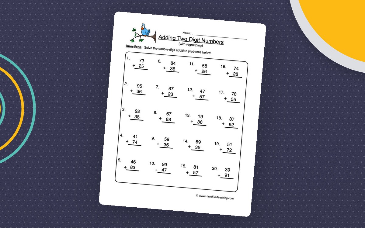 Adding Two Digit Numbers with Regrouping worksheet with twenty vertical problems
