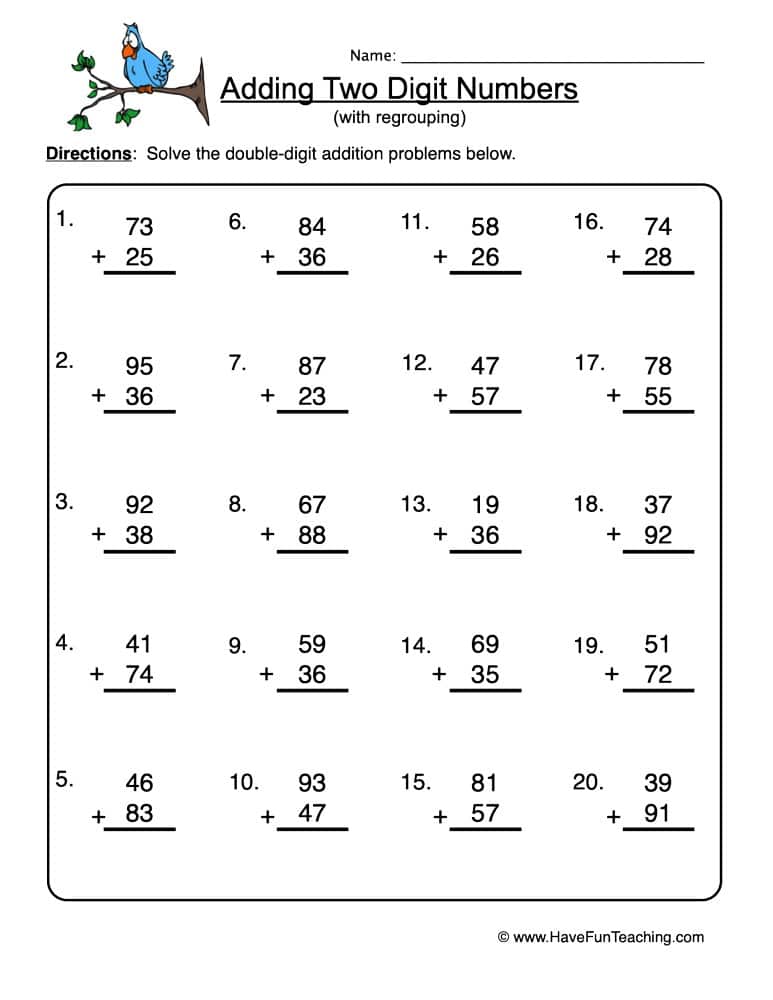 Two Digit Addition Regrouping Worksheet teaching resource preview