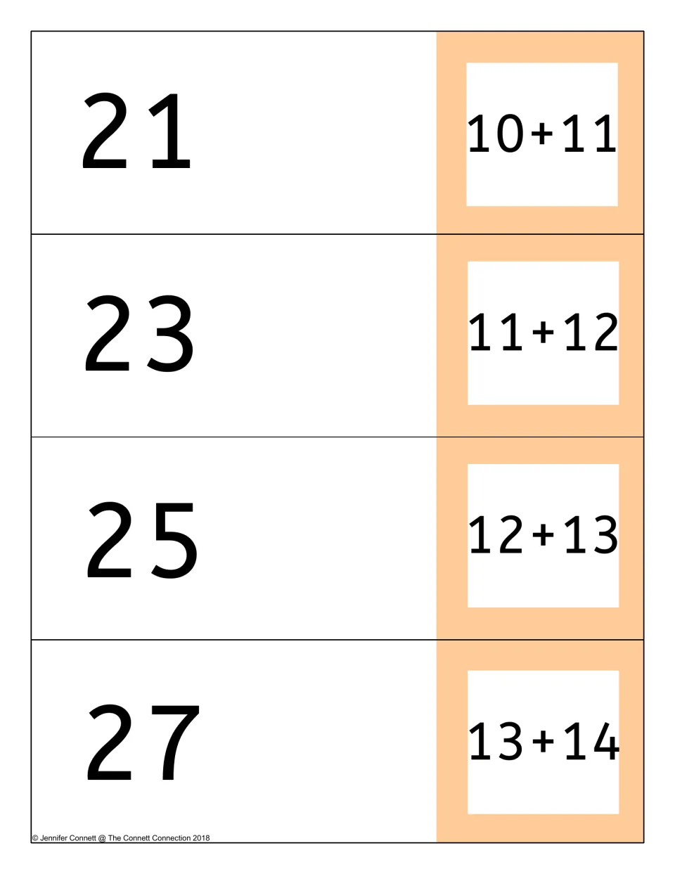 Addition cards 10+11, 11+12, 12+13 and 13+14, each printed beside its hidden sum of 21, 23, 25 or 27 to check