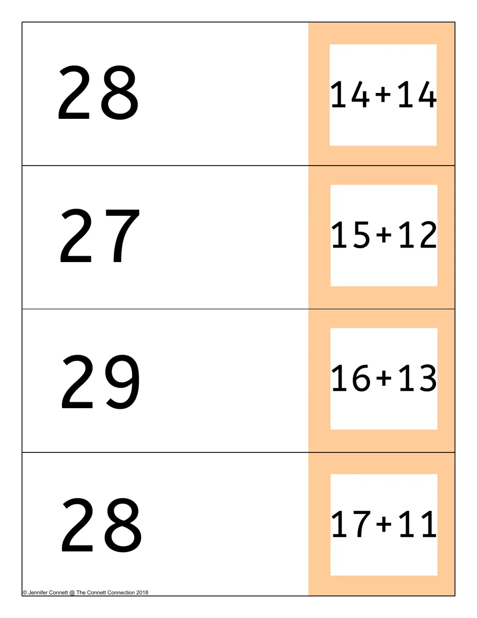 Two-digit addition cards 14+14, 15+12, 16+13 and 17+11, each paired with its answer of 28, 27, 29 or 28 inside the fold