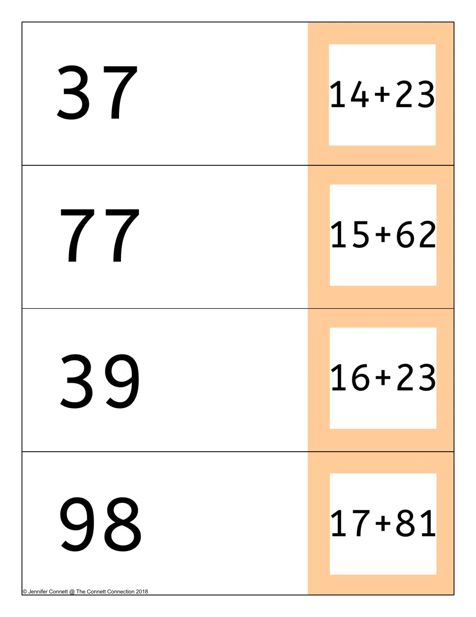 Adding tens and ones cards: 14+23, 15+62, 16+23 and 17+81, each printed next to its sum of 37, 77, 39 or 98