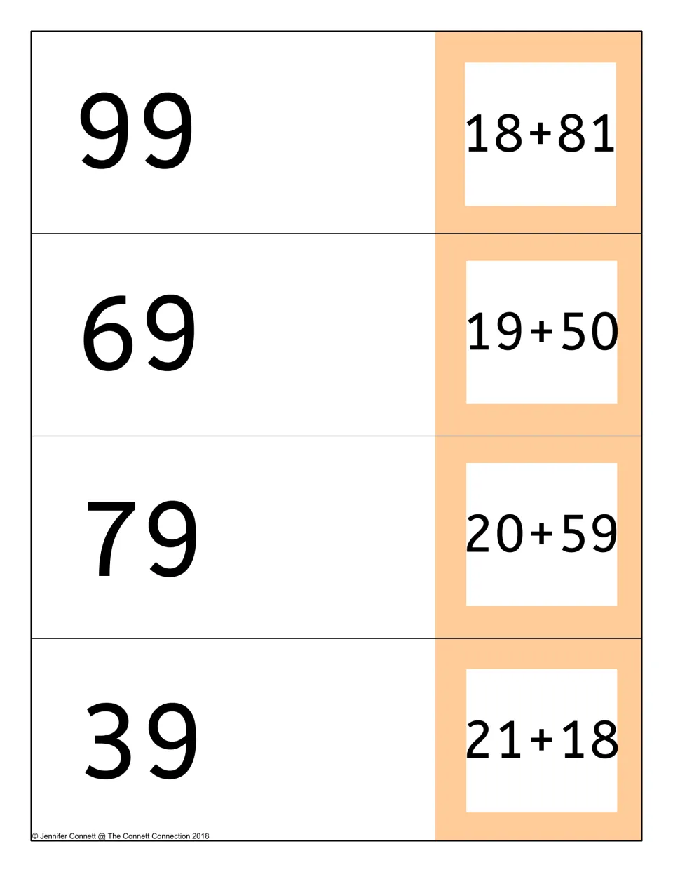 Fold cards for 18+81, 19+50, 20+59 and 21+18 addition problems, with answers 99, 69, 79 and 39 on the flap students open