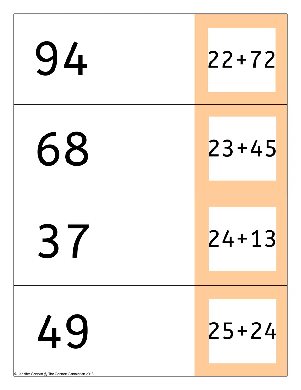 Two-digit sums practice cards 22+72, 23+45, 24+13 and 25+24, printed with their matching answers 94, 68, 37 and 49