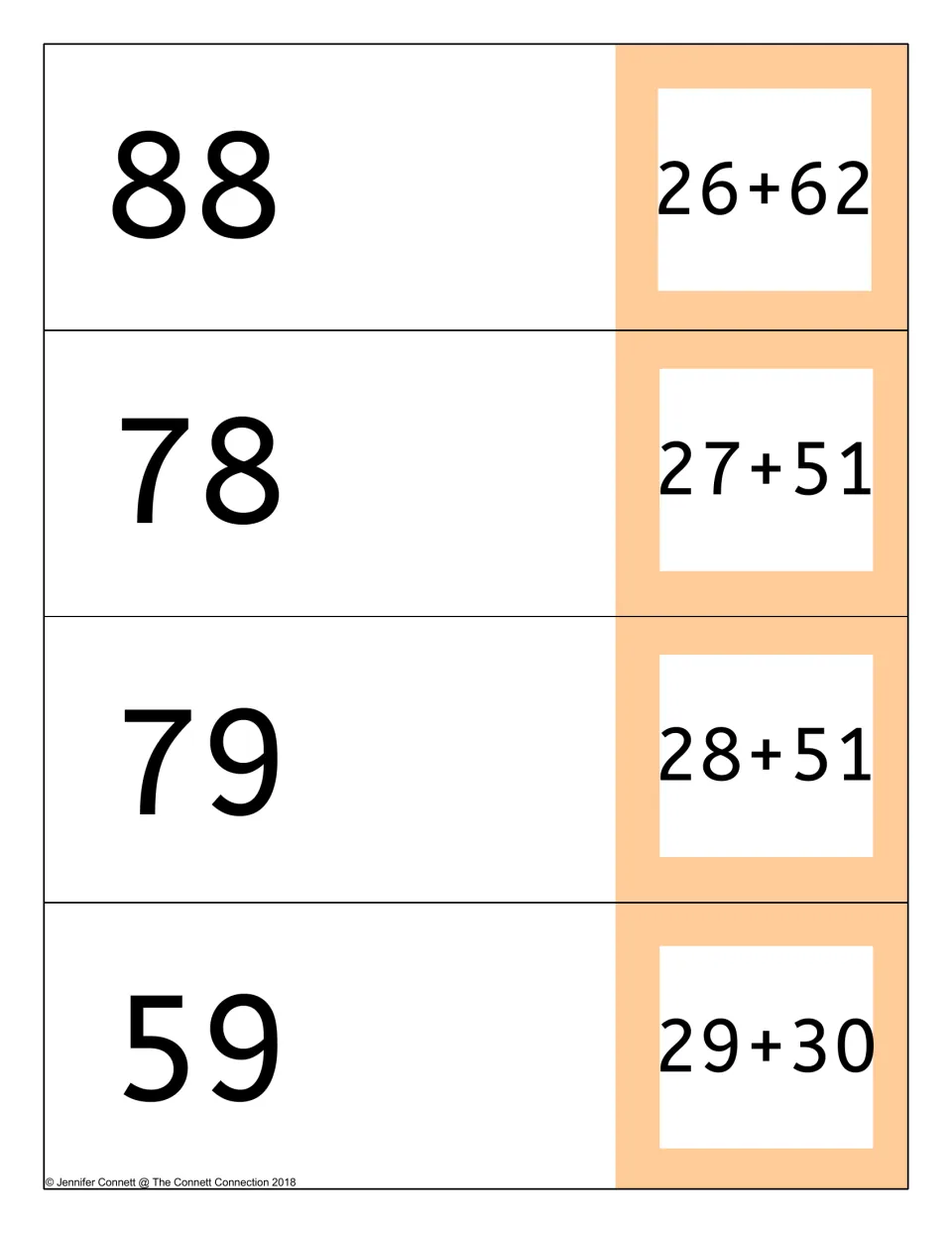 Addition problem cards 26+62, 27+51, 28+51 and 29+30, each set beside the answer 88, 78, 79 or 59 that students reveal