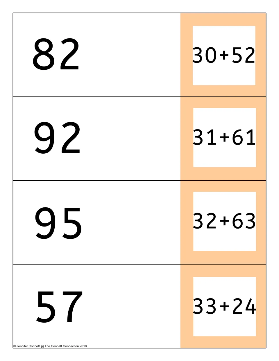 Last addition cards 30+52, 31+61, 32+63 and 33+24, each alongside its sum of 82, 92, 95 or 57 for checking work