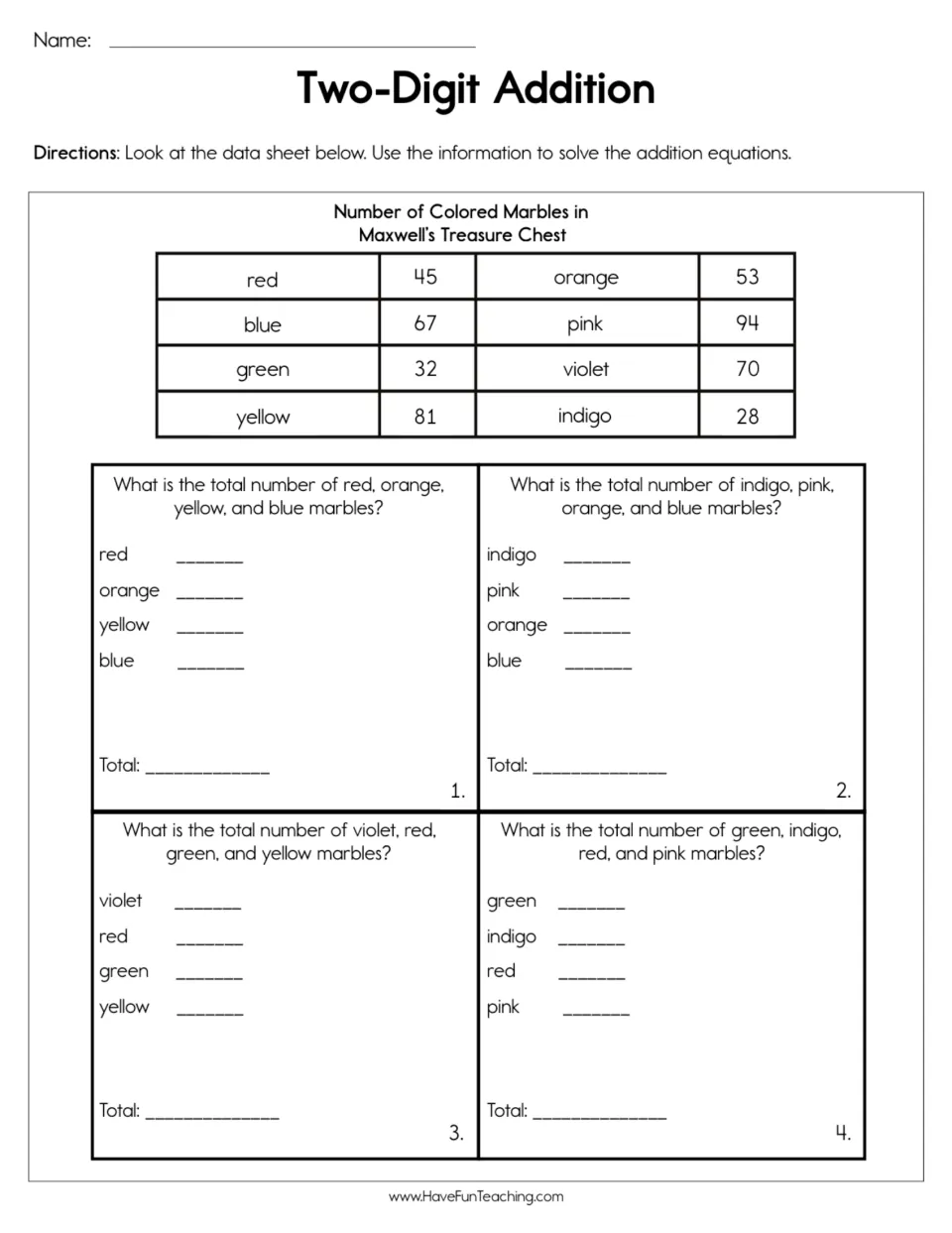 Addition practice: four problems use counts of eight marble colors in Maxwell's Treasure Chest data table.