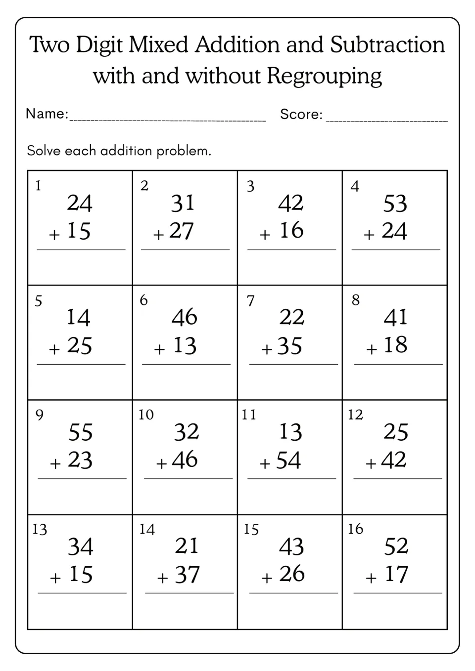 Two-digit addition without regrouping: students solve 16 vertical sums such as 24 + 15 and 53 + 24