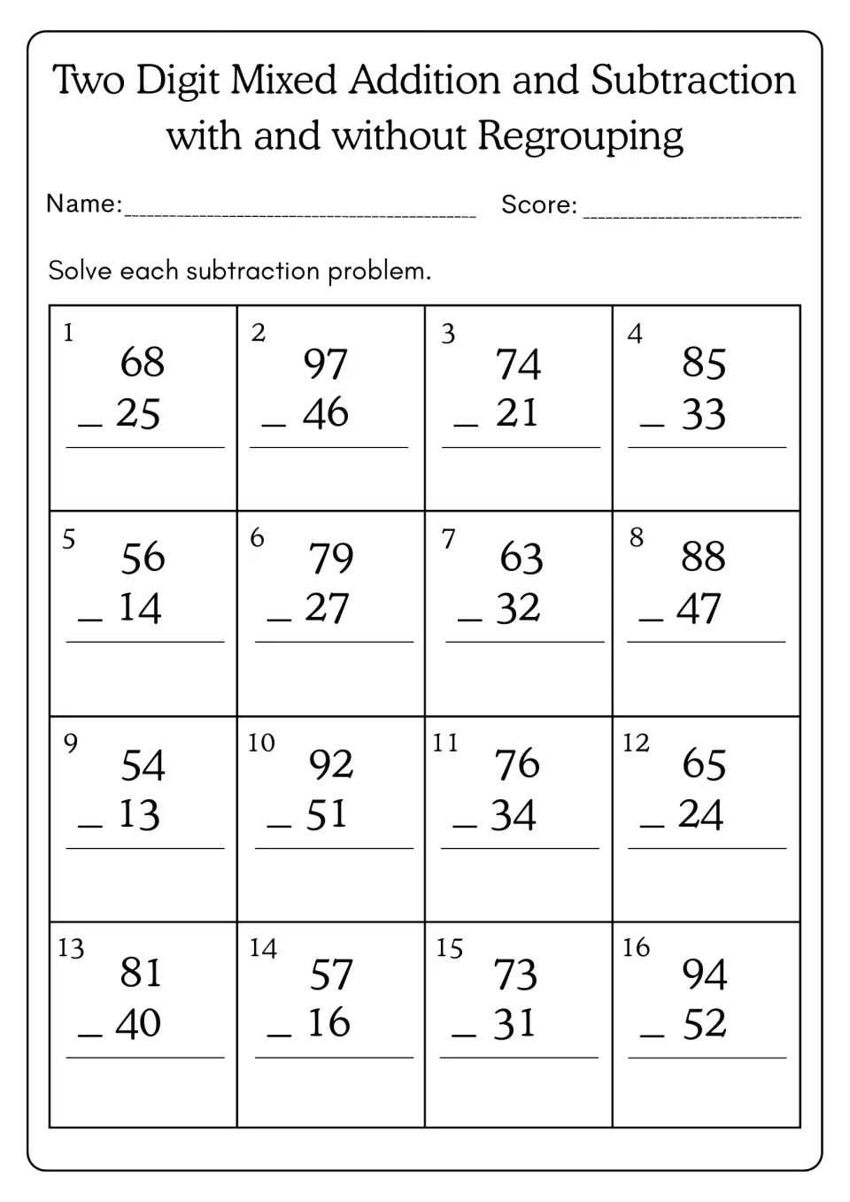 Two-digit subtraction without regrouping: students solve 16 vertical problems such as 68 - 25 and 97 - 46
