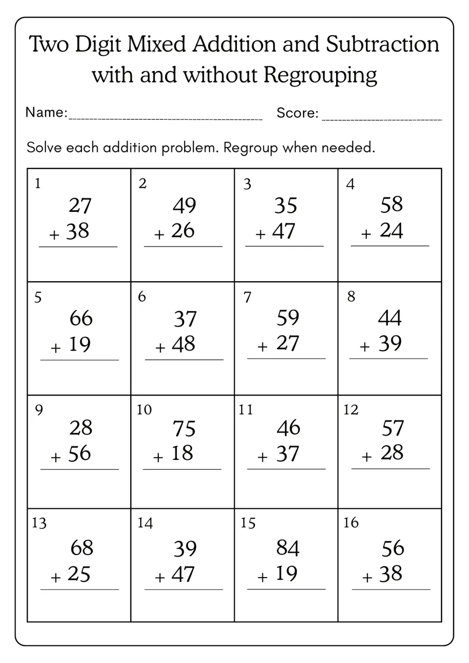 Two-digit addition with regrouping: students carry to the tens to solve 16 sums such as 27 + 38, 66 + 19 and 84 + 19