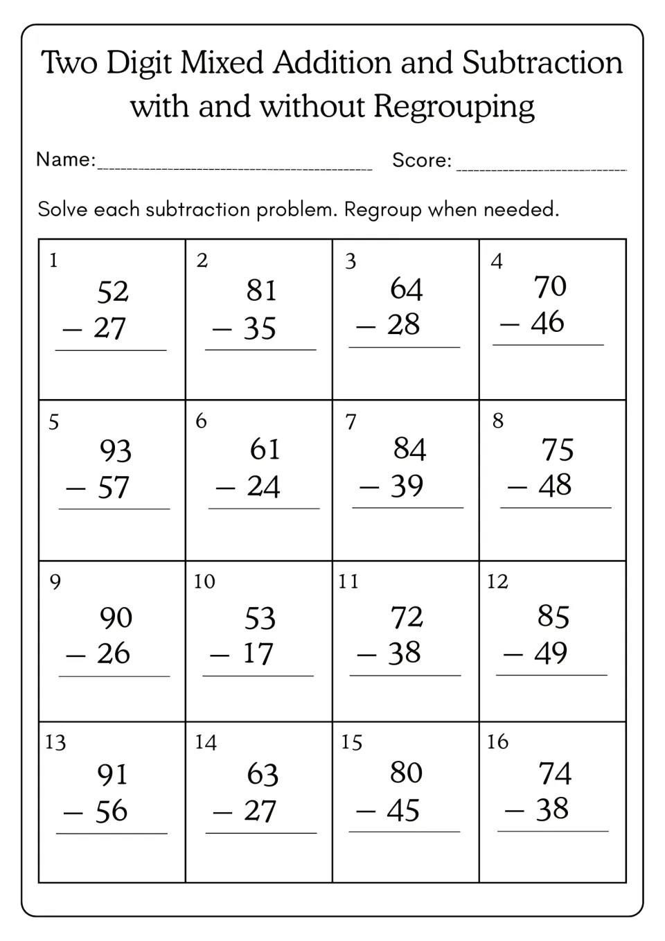 Two-digit subtraction with regrouping: students borrow from the tens to solve 16 problems such as 52 - 27 and 70 - 46