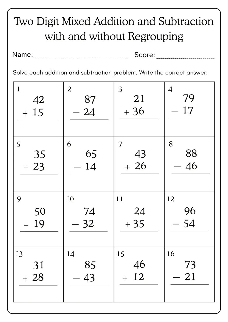 Mixed two-digit addition and subtraction: students check each sign and solve 16 problems like 42 + 15 and 87 - 24