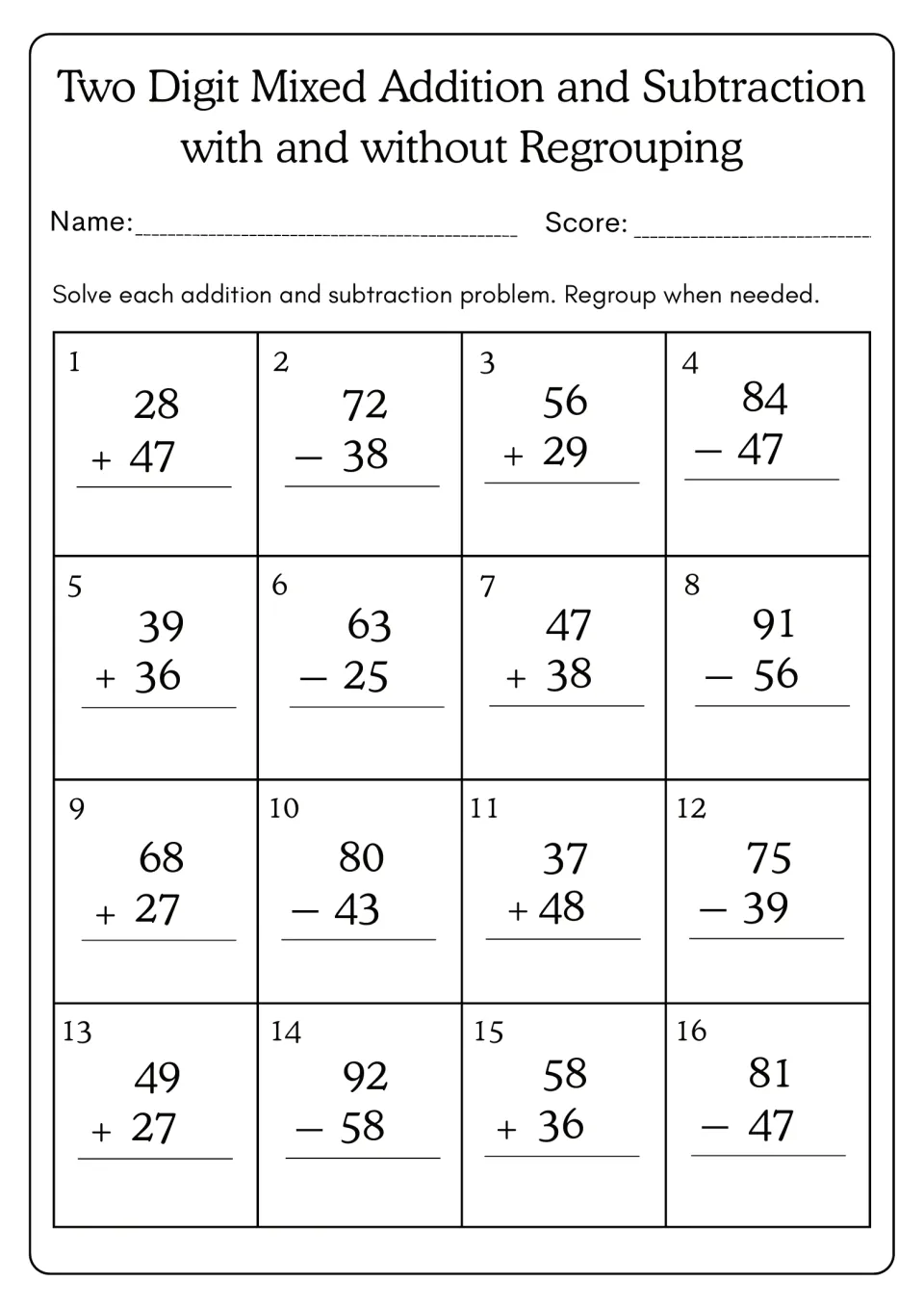 Mixed two-digit addition and subtraction with regrouping: students solve 16 problems such as 28 + 47 and 72 - 38