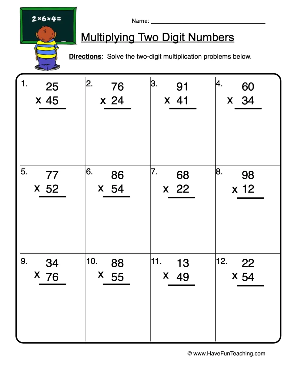 Two-digit multiplication practice: 12 problems, including 25 × 45, 76 × 24, 91 × 41, and 60 × 34.