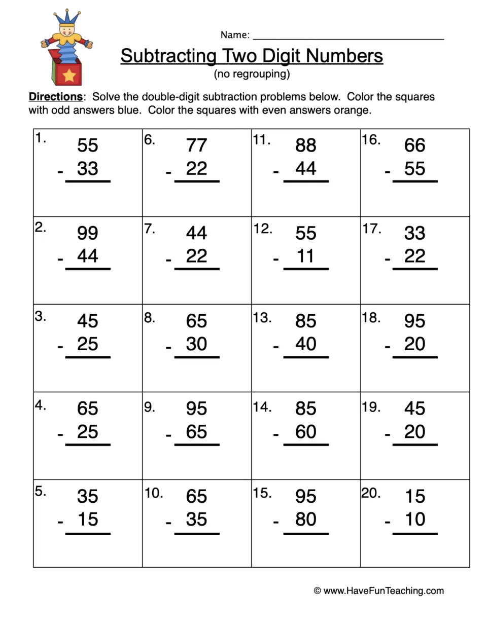 Subtraction practice: 20 two-digit problems without regrouping; color odd answers blue and even answers orange