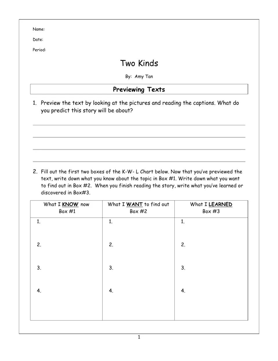 Two Kinds by Amy Tan, previewing: students predict the story from pictures and captions, then fill in a K-W-L chart