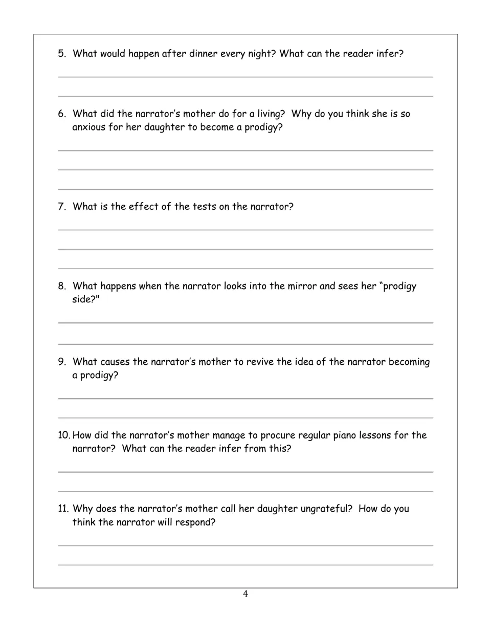 Comprehension questions 5-11 on the nightly tests, the mirror scene and piano lessons, asking students to make inferences