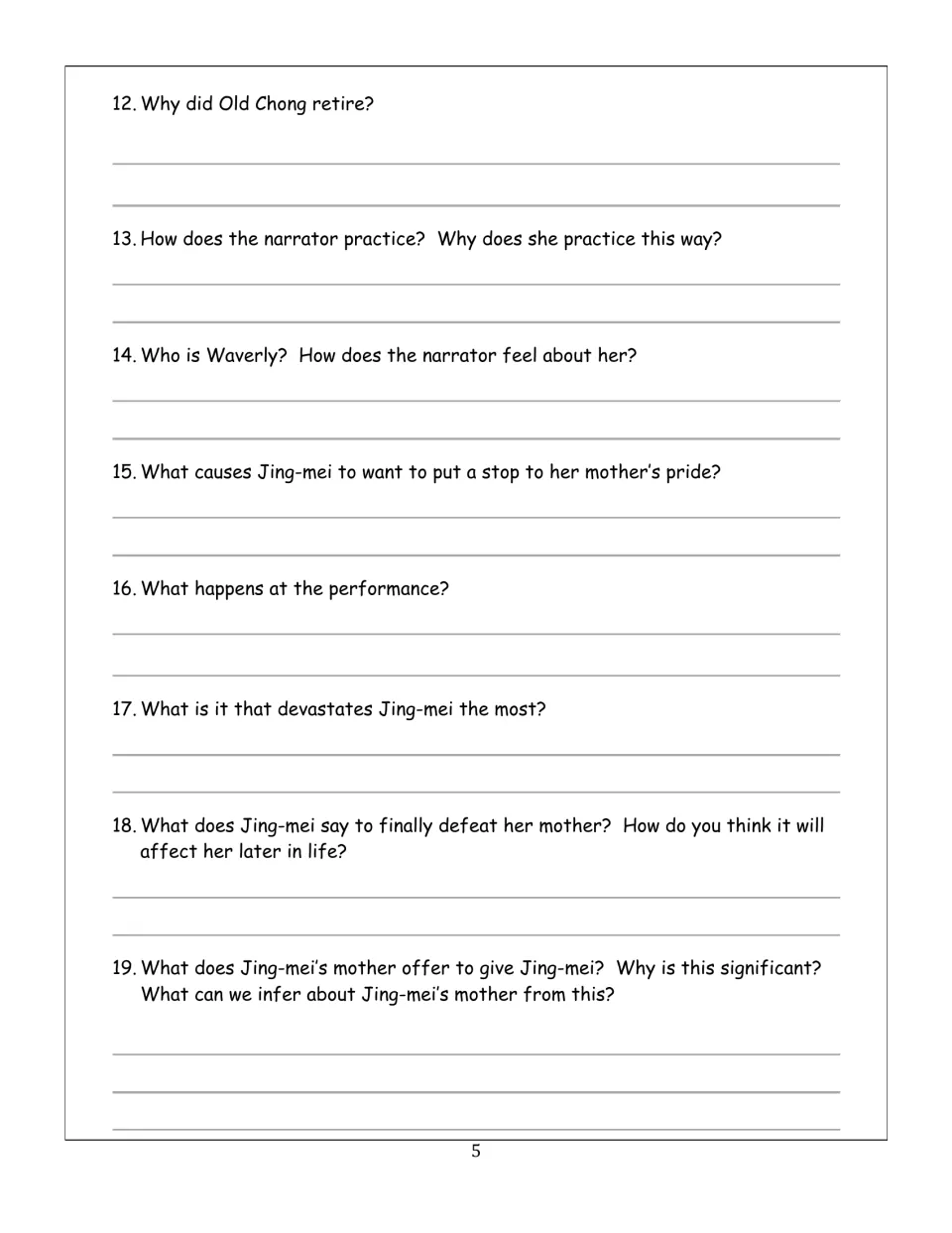Comprehension questions 12-19 on Old Chong, Waverly, the piano performance and Jing-mei's final words to her mother