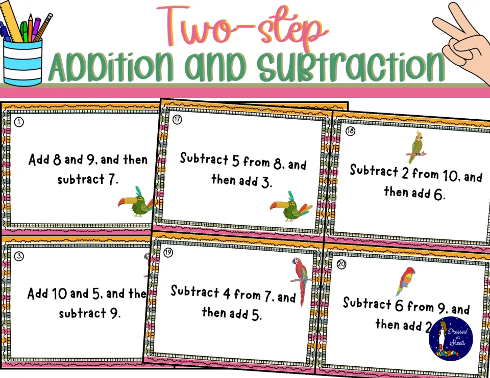 Two-step addition and subtraction cover showing sample task cards such as Add 8 and 9, and then subtract 7, with parrots