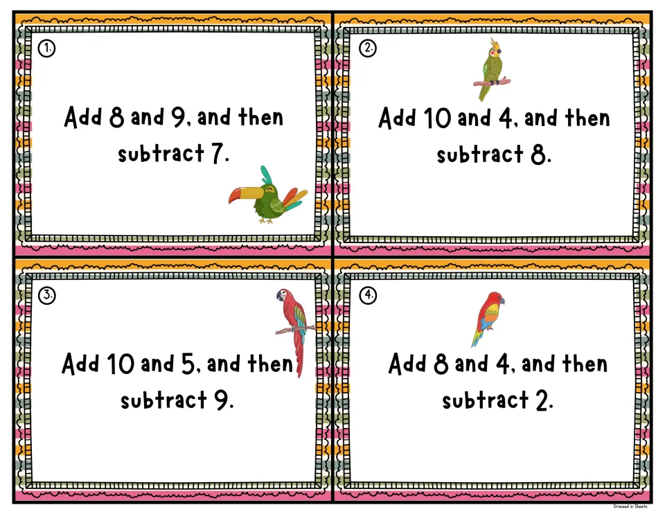 Task cards 1-4: students add two numbers, then subtract a third, e.g. Add 10 and 4, and then subtract 8