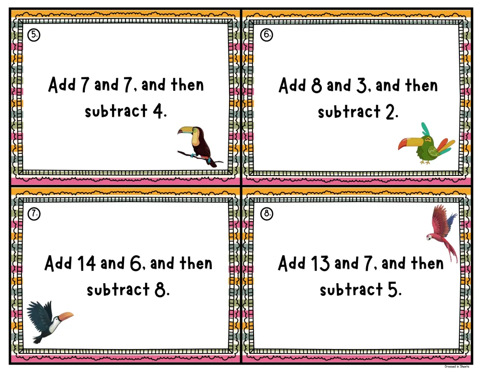 Task cards 5-8: add-then-subtract problems with sums up to 20, such as Add 14 and 6, and then subtract 8